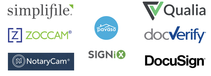 Ekko Title's Online Closing Partners: Simplifile, Qualia, Zoccam, Docverify, NotaryCam, Signi, DocuSign, and Pavaso